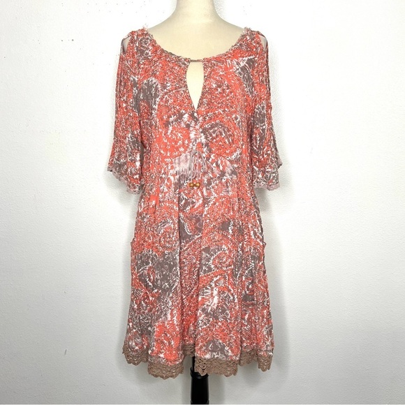 FREE PEOPLE Love Birds Mini Dress Paisley Cold Shoulder Orange Boho Size Medium - Picture 4 of 16